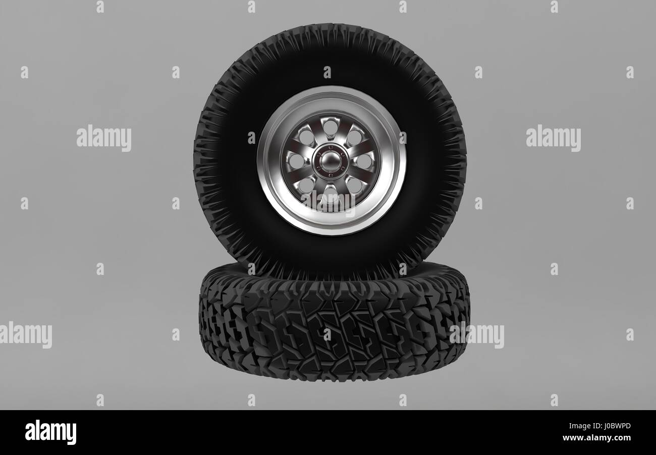 new offroad tyre isolated on grey background 3d render Stock Photo