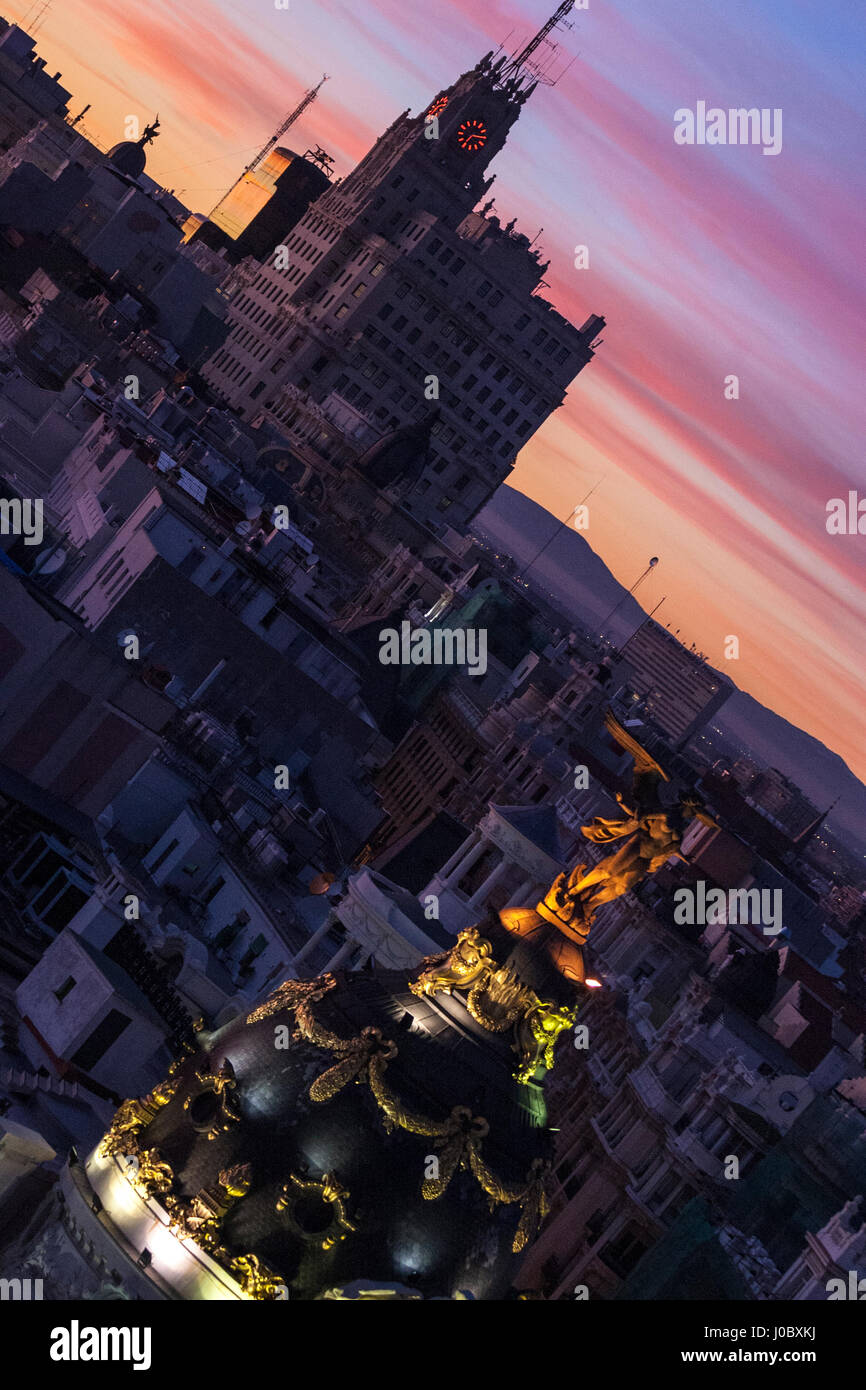 Edificio Telefonica and Metropolis building View of Madrid from the rooftop of the Circulo de Bellas Artes at sunset, CBA, Madrid, Spain Stock Photo