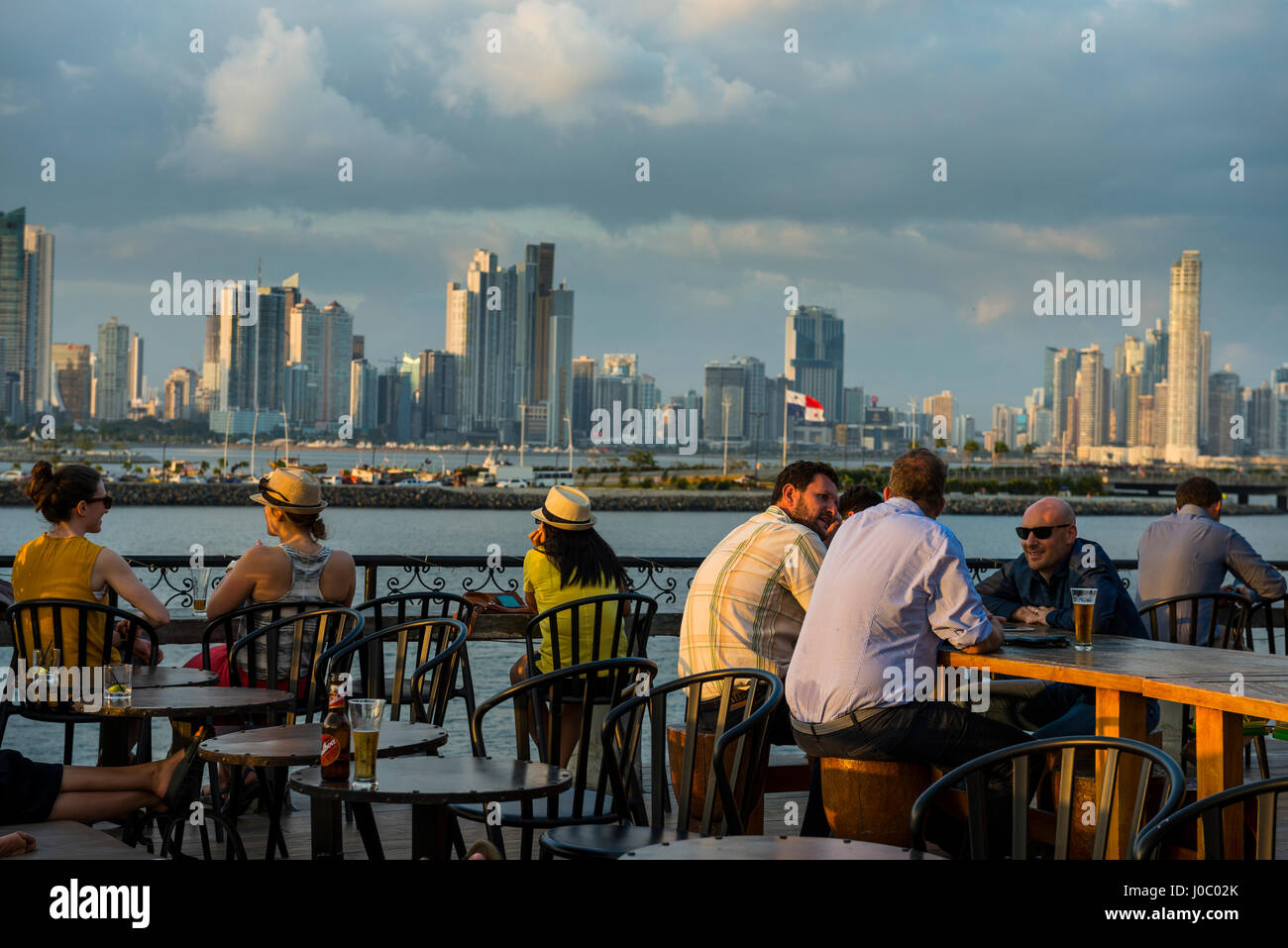 Bar in Casco Viejo overlooking the skyline of Panama City, Panama, Central America Stock Photo