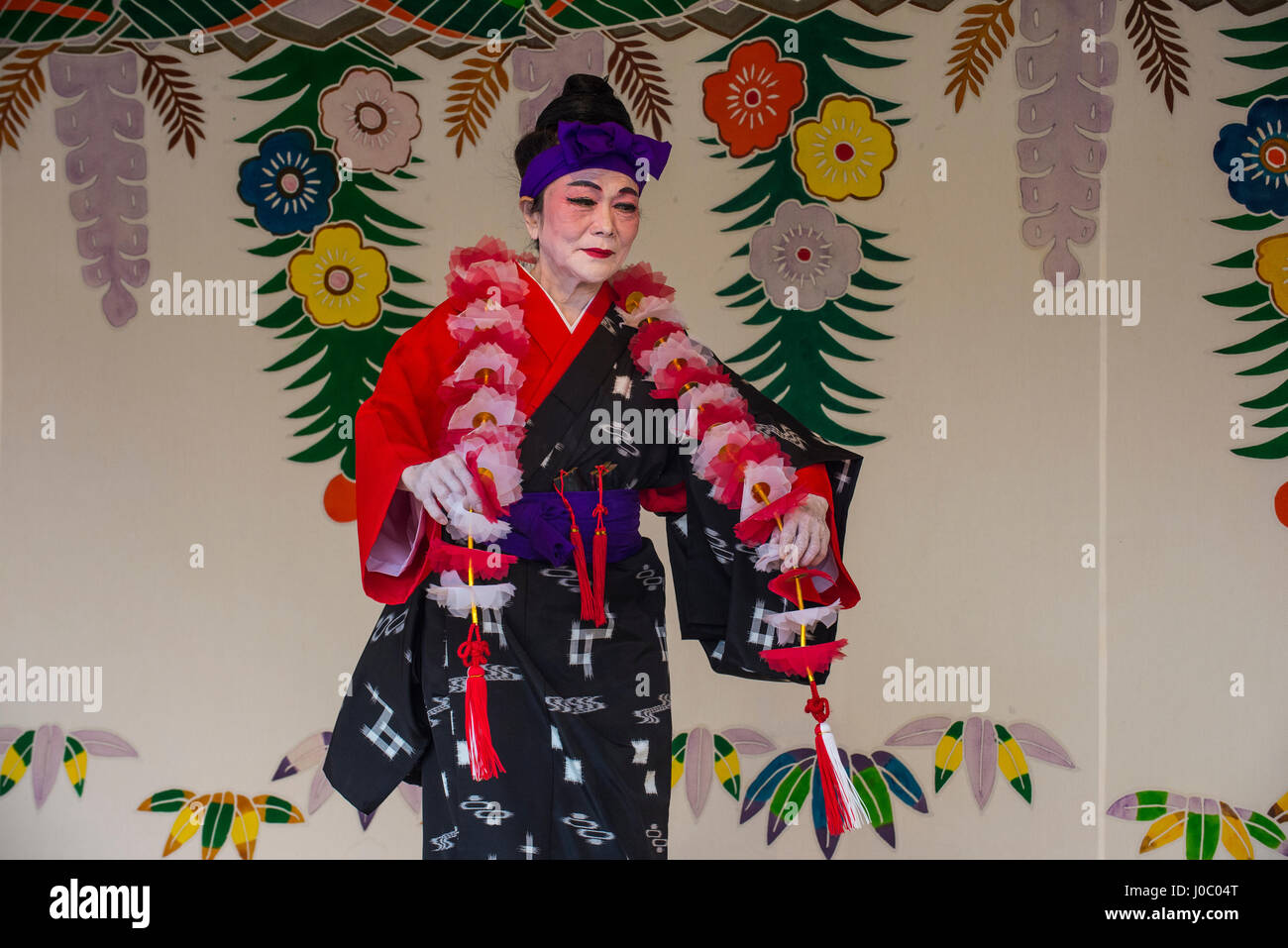 Traditional dressed dancer, Shuri Castle, UNESCO World Heritage Site, Naha, Okinawa, Japan, Asia Stock Photo