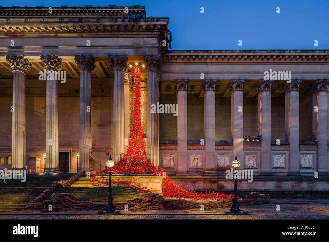 The Poppies Weeping Window sculpture cascading down the St. George's Hall building in Liverpool, Merseyside, England, UK Stock Photo