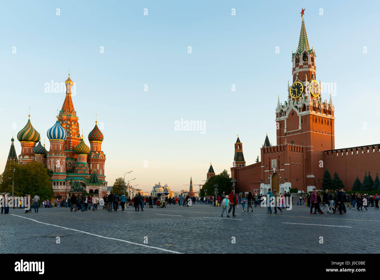 Red Square, St. Basil's Cathedral and the Savior's Tower of the Kremlin, UNESCO World Heritage Site, Moscow, Russia Stock Photo