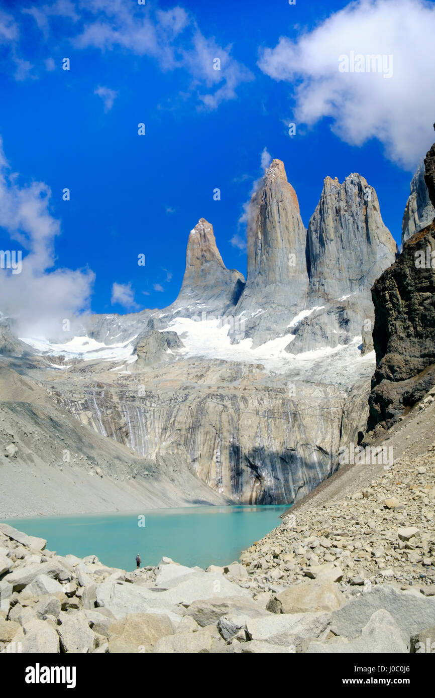 A glacial lake and the rock towers, Torres del Paine National Park, Patagonia, Chile Stock Photo