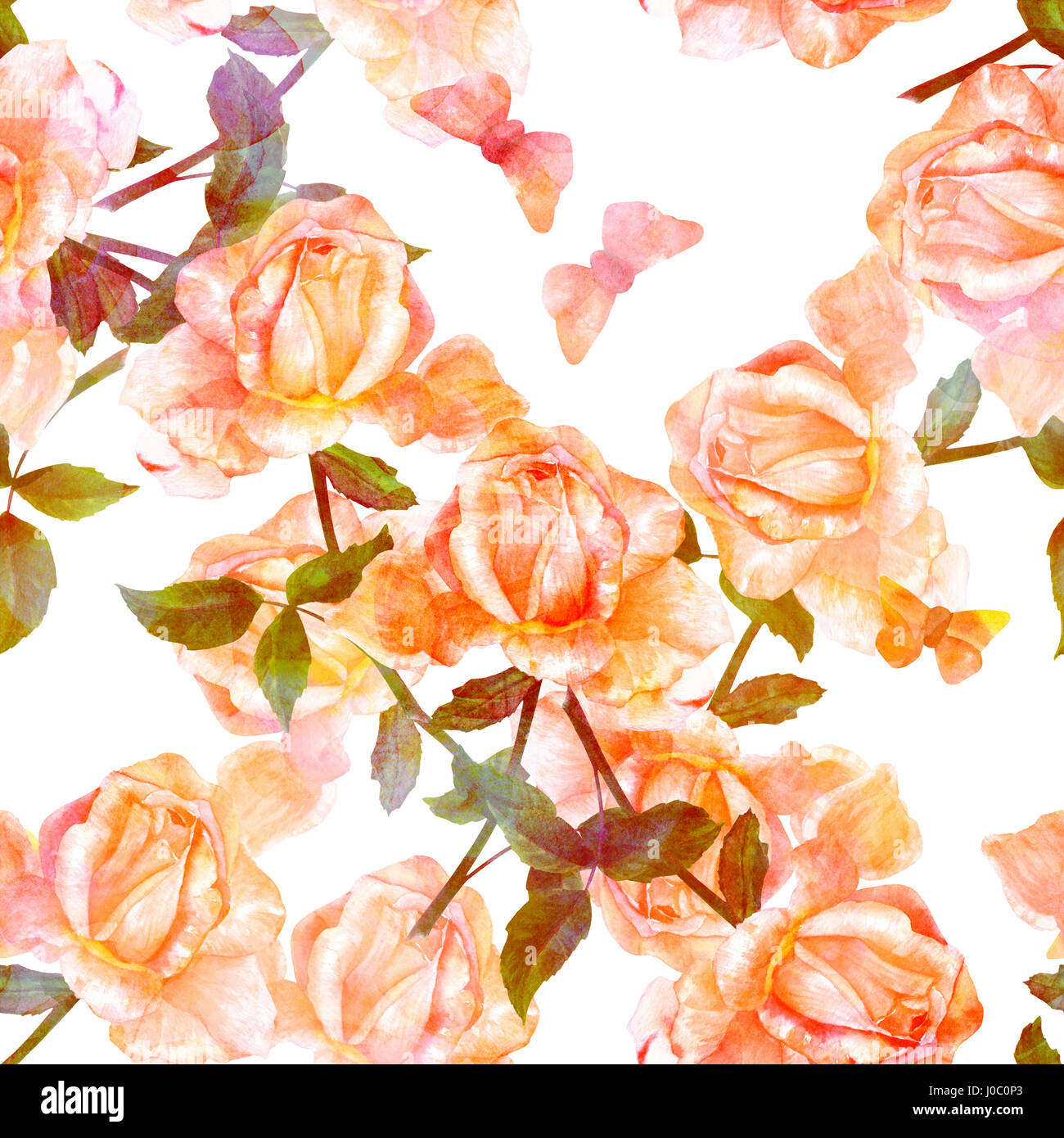 Seamless pattern with watercolor rose and butterfly, golden tone Stock ...