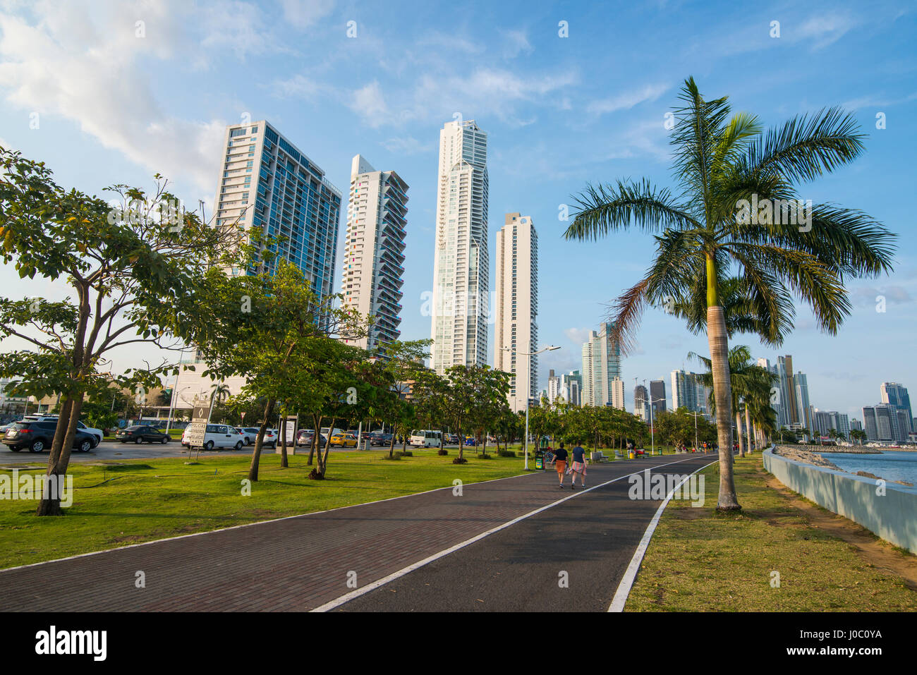 Walkway and the skyline of Panama City, Panama, Central America Stock Photo