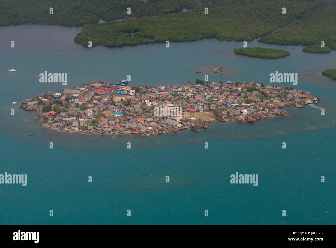 Aerial of a densely populated island, San Blas Islands, Kuna Yala, Panama, Central America Stock Photo