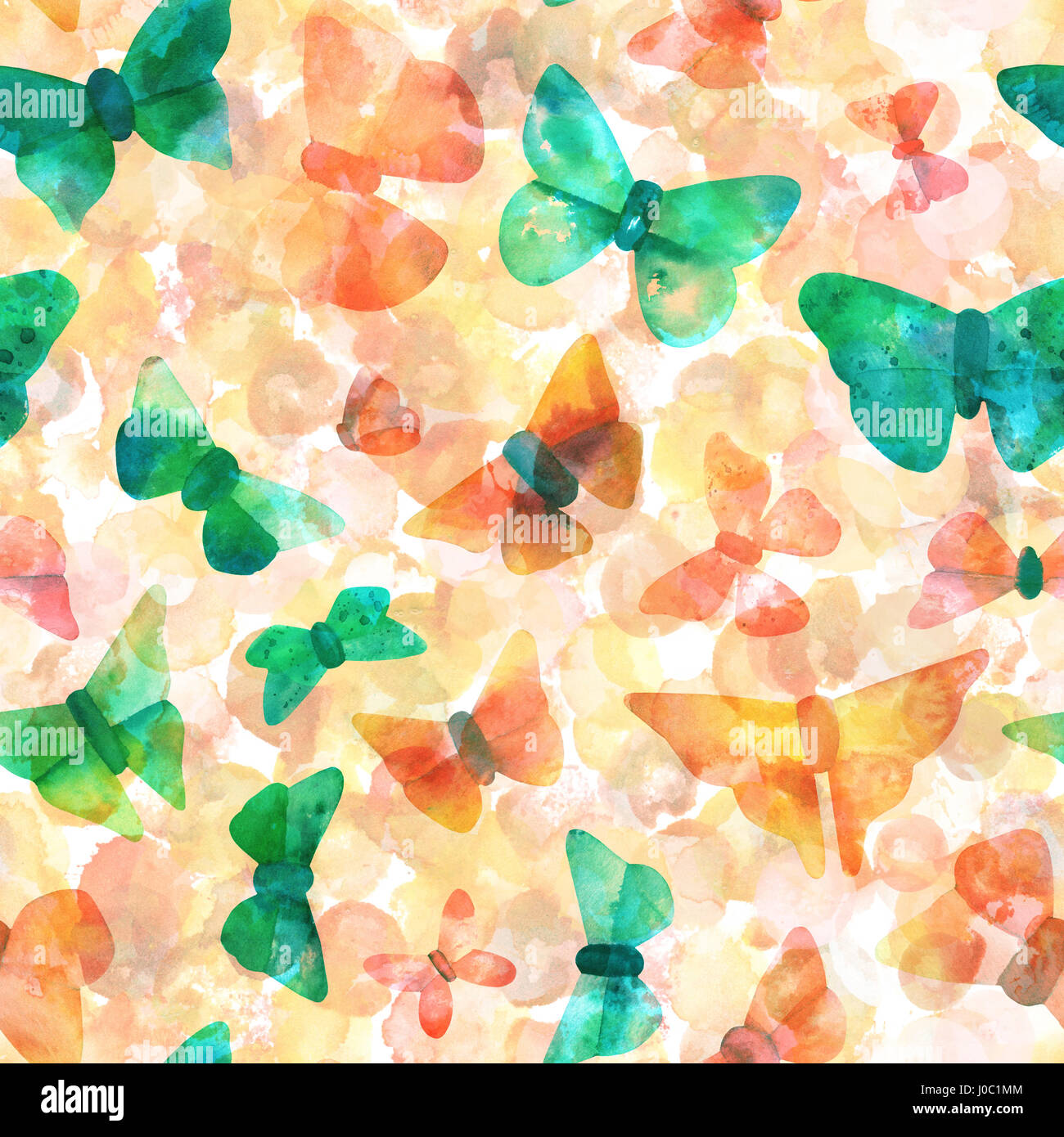 Seamless pattern with golden yellow and teal watercolor butterfl Stock ...