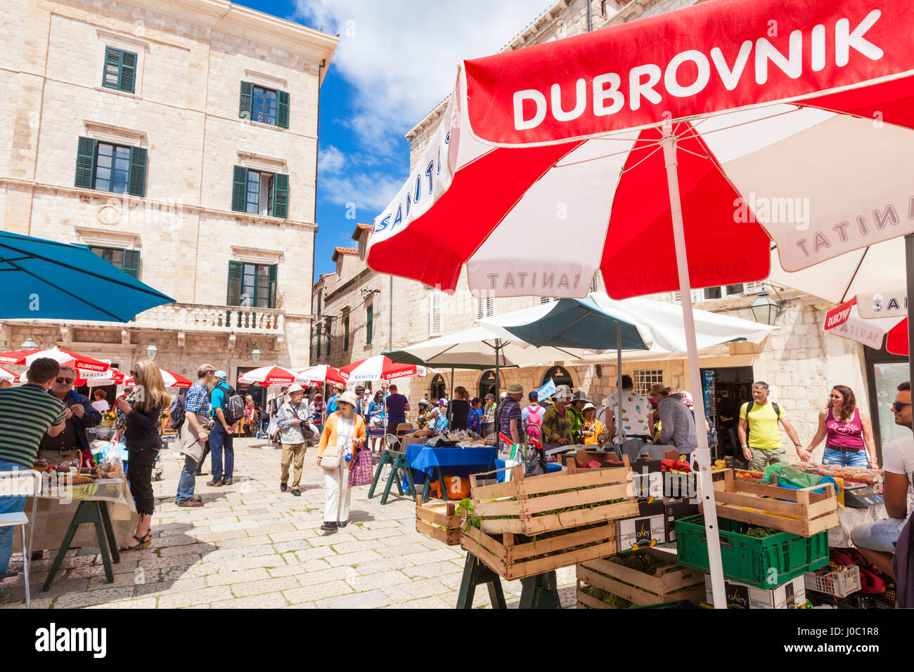 Open market in Gundulic Square, Dubrovnik Old Town, Dubrovnik, Dalmatian Coast, Croatia Stock Photo