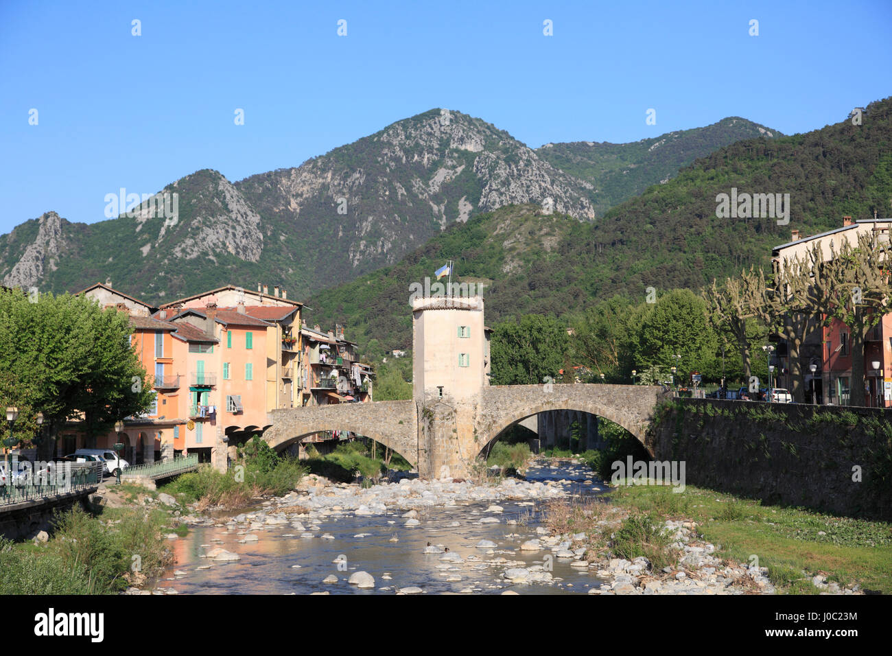 Village of Sospel, Old Town, Toll Bridge, Bevera River, Roya Valley, Alpes-Maritimes, Cote d'Azur, Provence, France Stock Photo