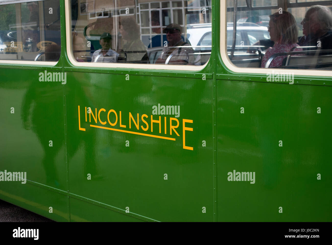 Green vintage 1955 Bristol Lodekka LD6B bus with Lincolnshire on the side Stock Photo