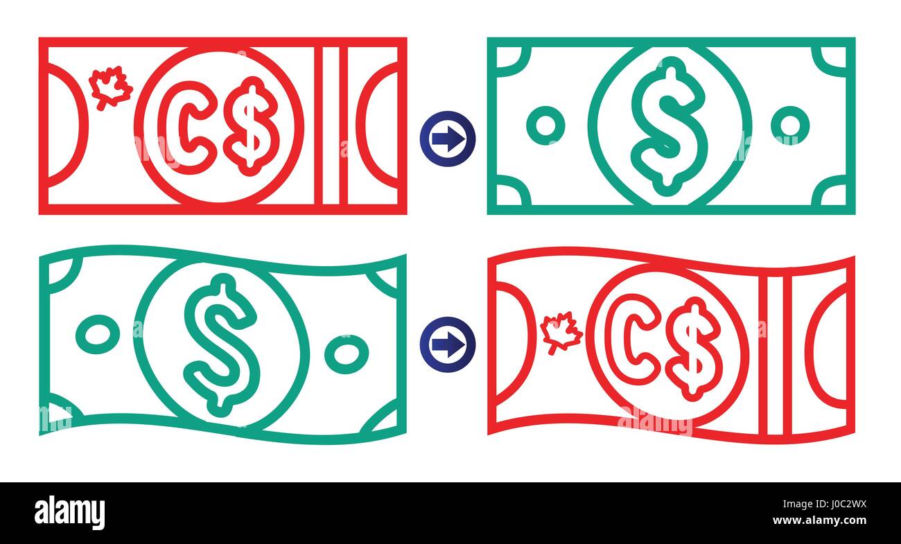 Canadian and American Dollar Exchange with bank notes Stock Vector