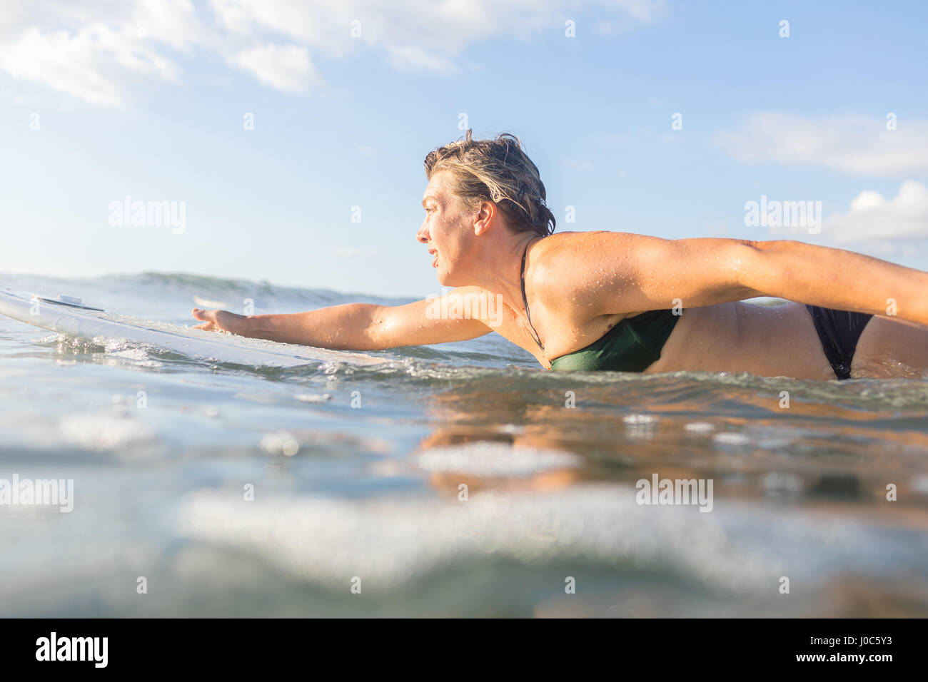 Woman paddling on surfboard in calm sea, Nosara, Guanacaste Province, Costa Rica Stock Photo
