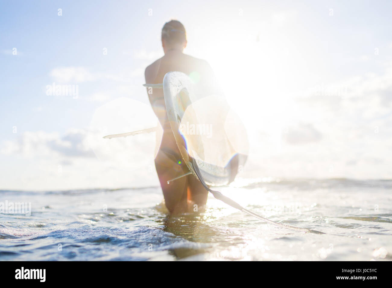 Rear view of woman carrying surfboard in sunlit sea, Nosara, Guanacaste Province, Costa Rica Stock Photo