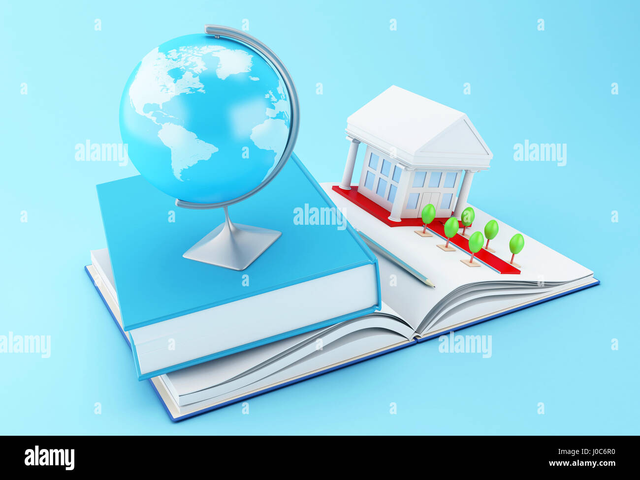 3d illustration. Stack of book with graduation cap, notebook, globe ...