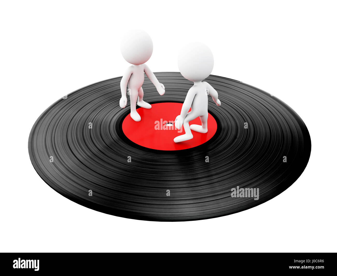 3d illustration. White people dancing on vinyl disc. Isolated white background Stock Photo