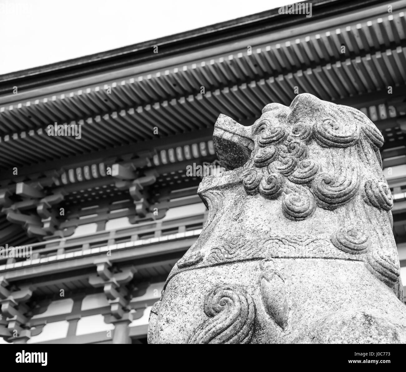 Kyoto, Japan -  Statue of lion-dog at the main gate as the guardian of Beautiful Architecture Kiyomizu-dera Temple (black and white). Stock Photo
