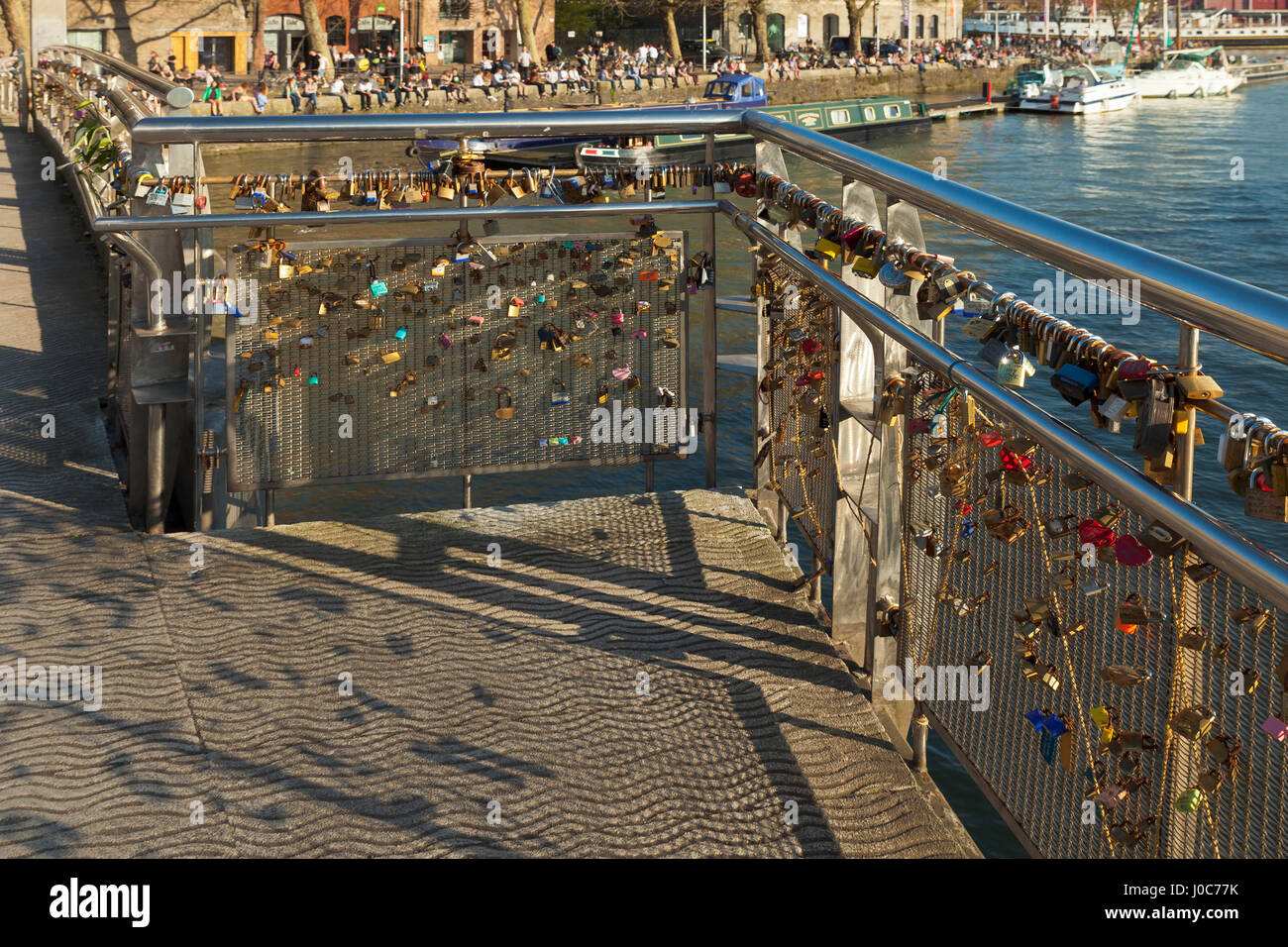 Pero's Bridge coverd in love padlocks. St Augustine's Reach, Bristol Harbour, Bristol. Stock Photo