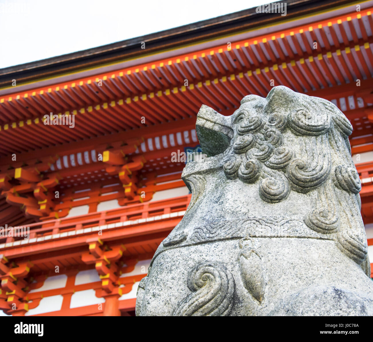 Kyoto, Japan -  Statue of lion-dog at the main gate as the guardian of Beautiful Architecture Kiyomizu-dera Temple Stock Photo