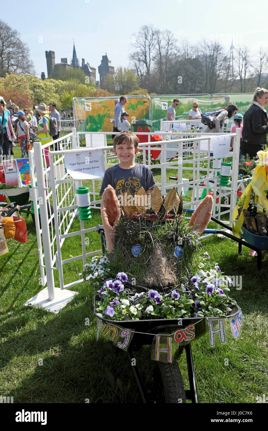 A proud young boy shows off an entry submitted by for the schools gardening competition at RHS flower Show April 2017 Cardiff Wales UK  KATHY DEWITT Stock Photo