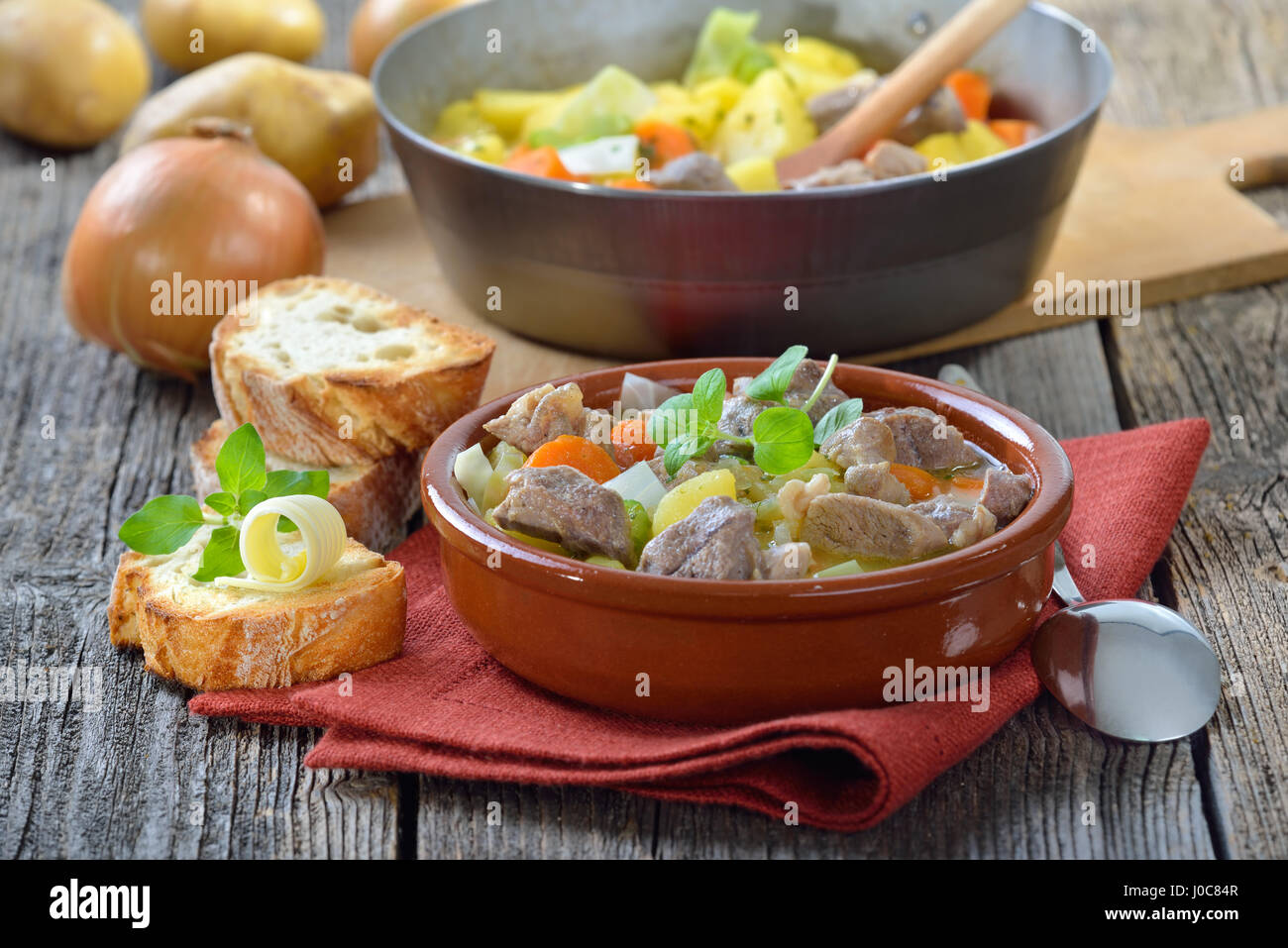 Homemade and slow cooked Irish stew with lamb, potatoes and other