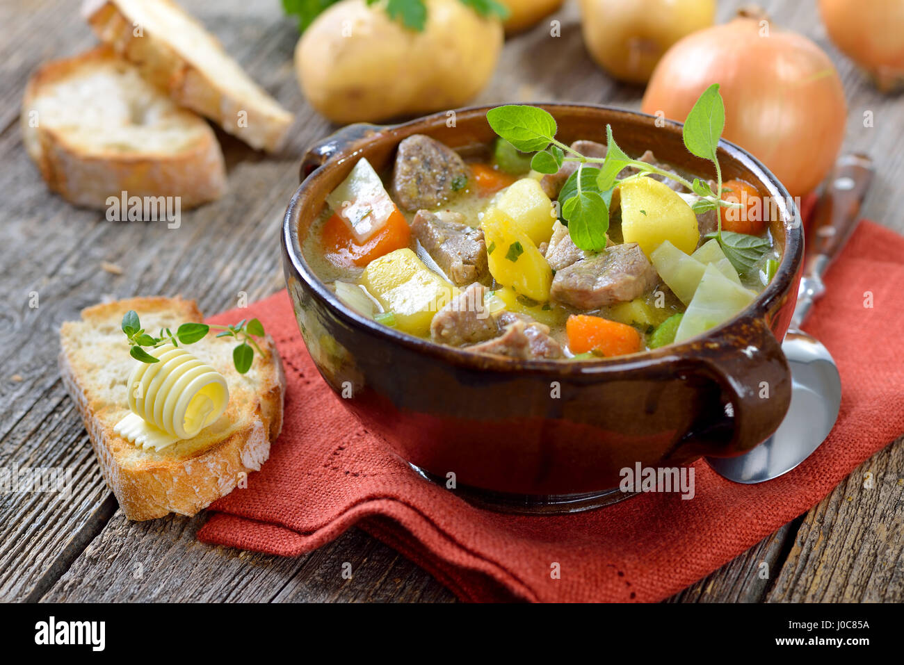 Homemade and slow cooked Irish stew with lamb, potatoes and other