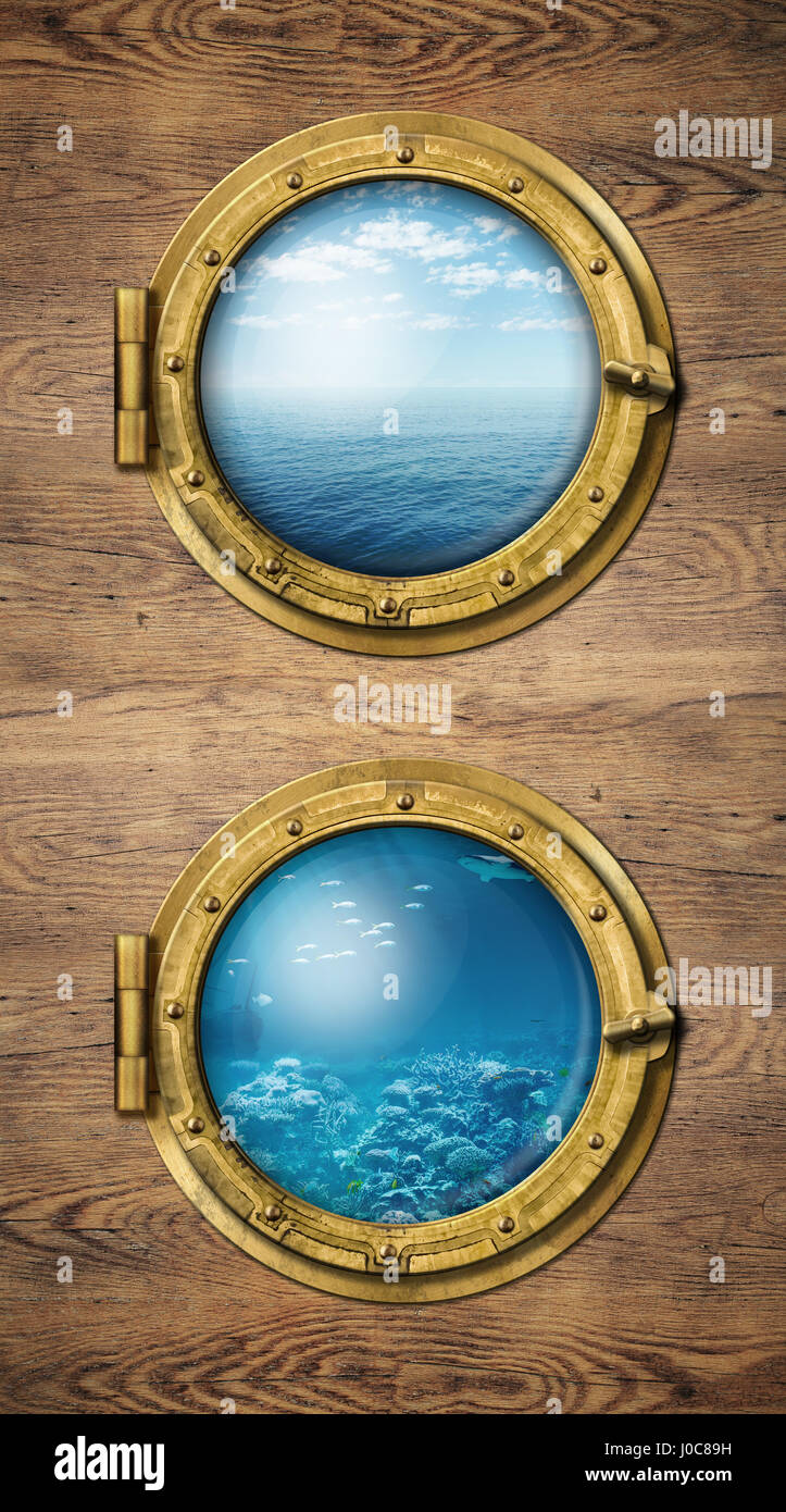 Two vertical ship windows with ocean surface and underwater Stock Photo