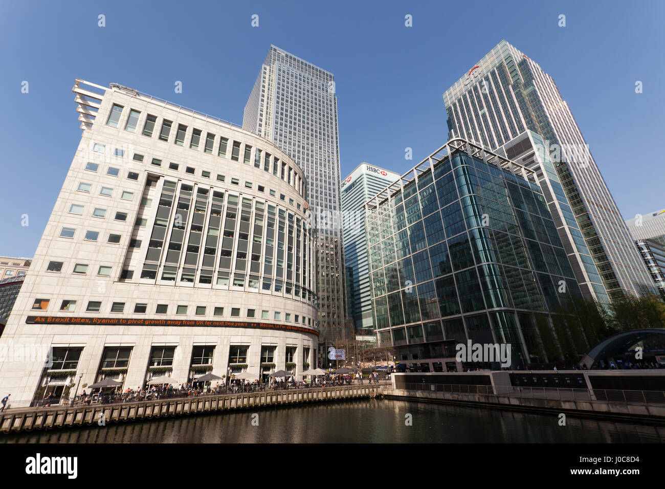 Wide Angle image of  Canary Wharf  Business' District at the West India Docks on the Isle of Dogs. Stock Photo