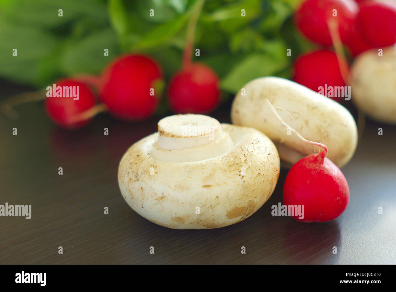 Radish and Champignon closeup. Salad vitamin eating. Organic healthy vegetarian food ingredients. Dieting meal. Stock Photo