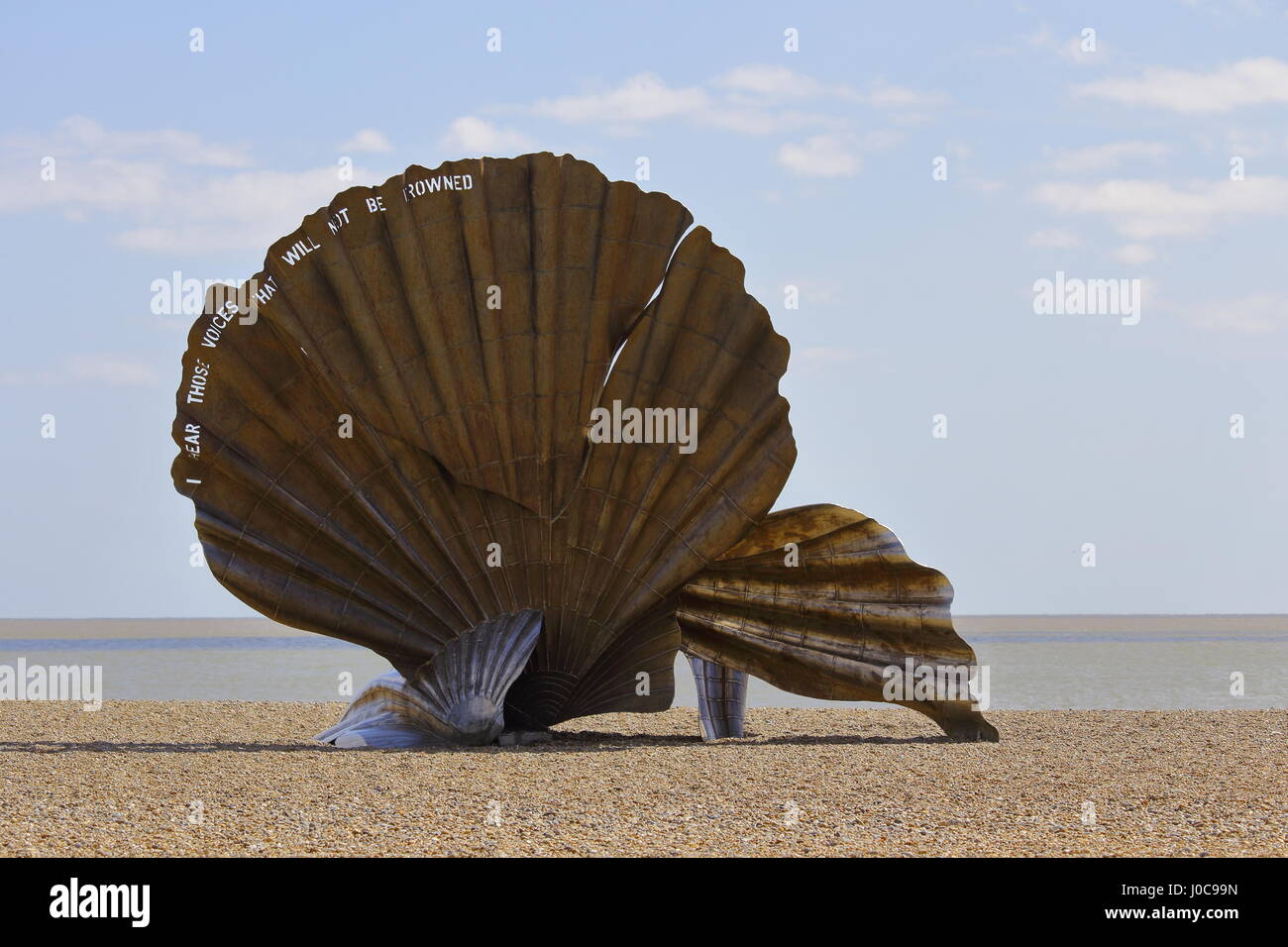 Shell sculpture on Aldeburgh's beach; UK Stock Photo