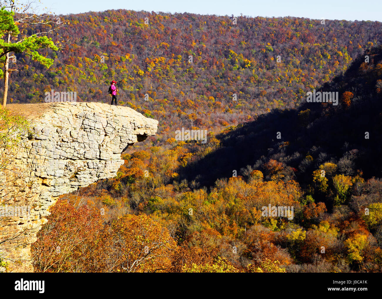 Hiker on Hawksbill Crag at Whittaker Point in the Upper Buffalo Wilderness Area of the Ozark Mountains. Stock Photo