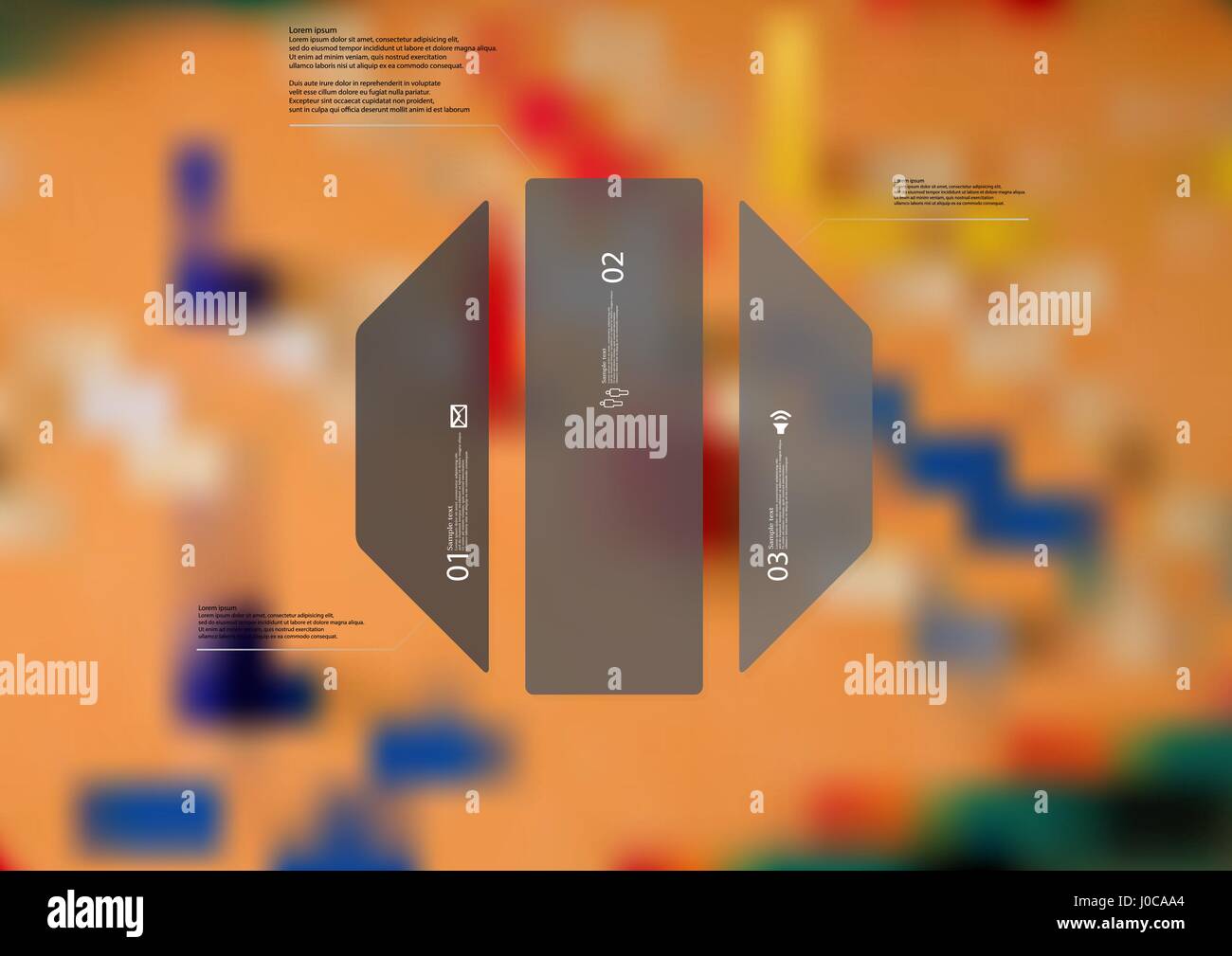 Illustration infographic template with motif of octagon vertically divided to three standalone grey sections. Blurred photo with ludo board game motif Stock Vector