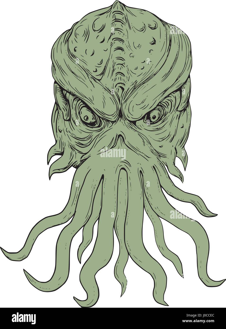 Drawing sketch style illustration of a head of a subterranean mythical sea monster with octopus-like head whose face has tentacles or feeler viewed fr Stock Vector