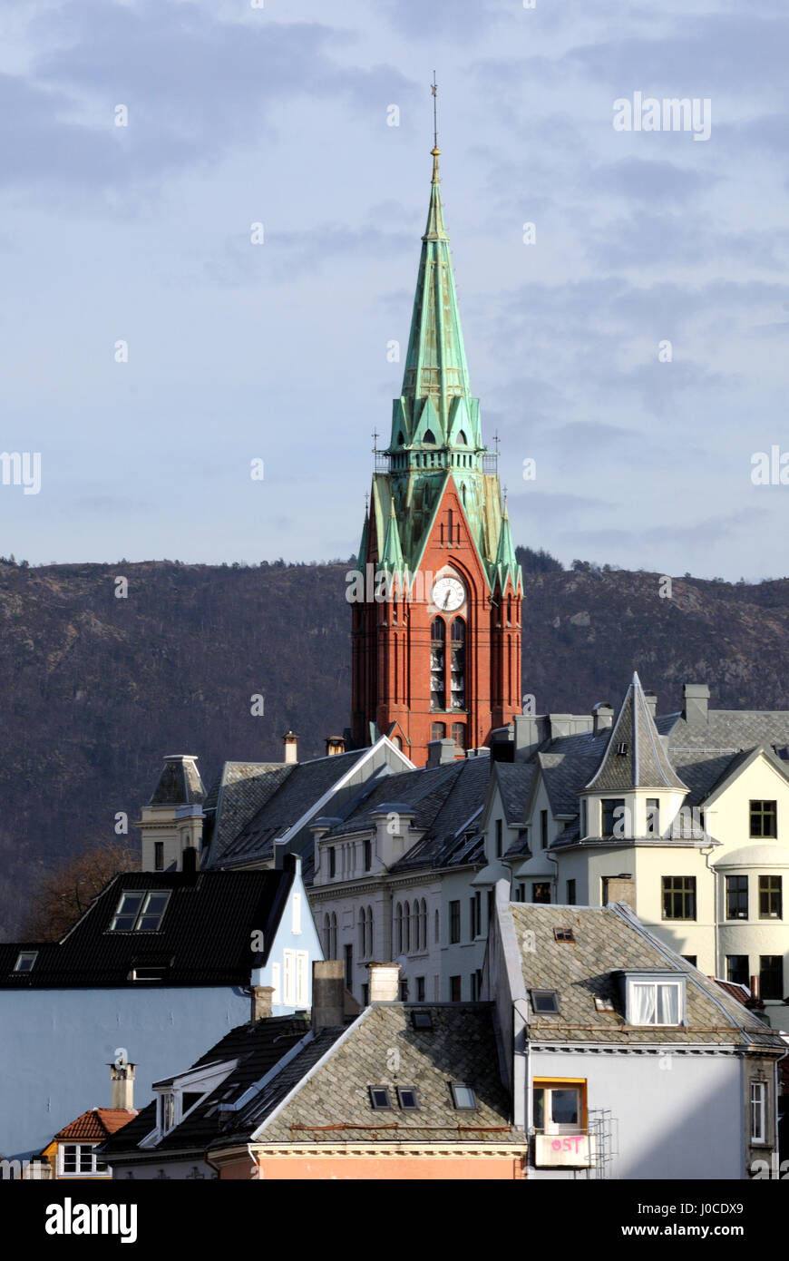 The tower and spire of Johanneskirken, St. John's Church, Bergen, Norway. Stock Photo