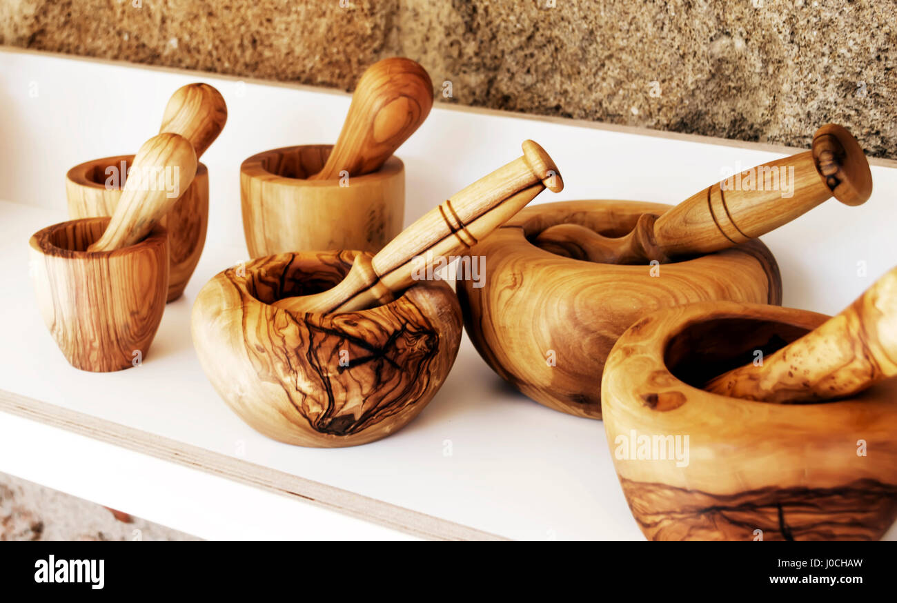 Wooden mortar and pestle sets Stock Photo