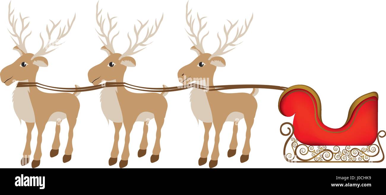 color background with set of three reindeers and sleigh Stock Vector