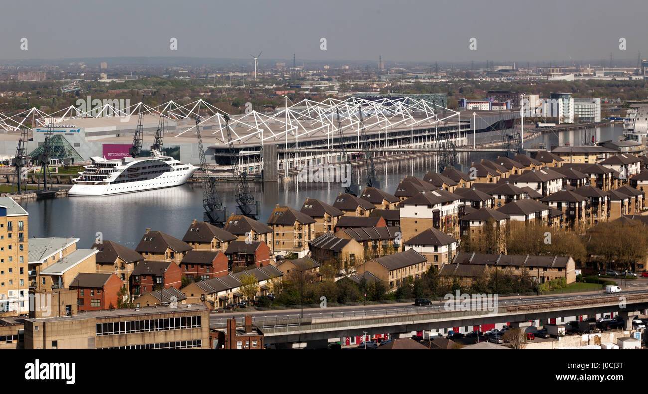 Aerial View of the Royal Victoria Docks taken from the Emirates Air Line Cable Car Stock Photo