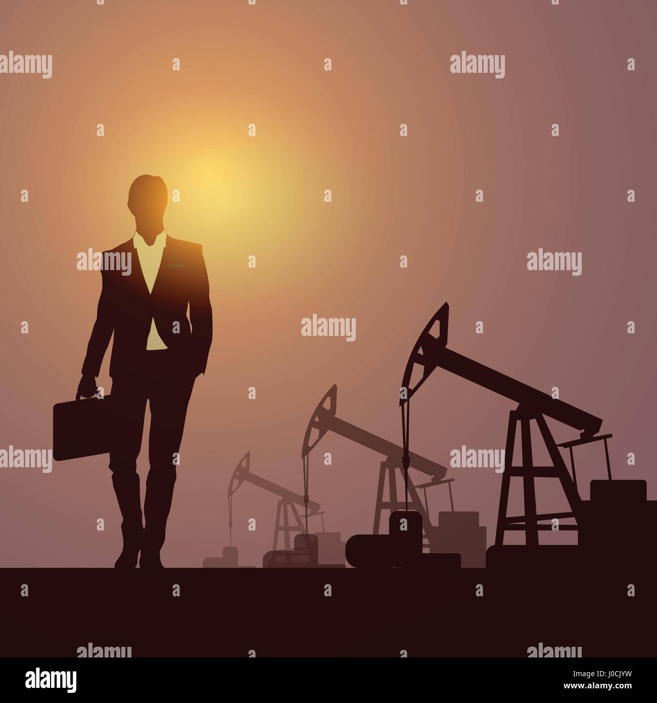 Business Man Pumpjack Oil Rig Crane Platform Banner Stock Vector