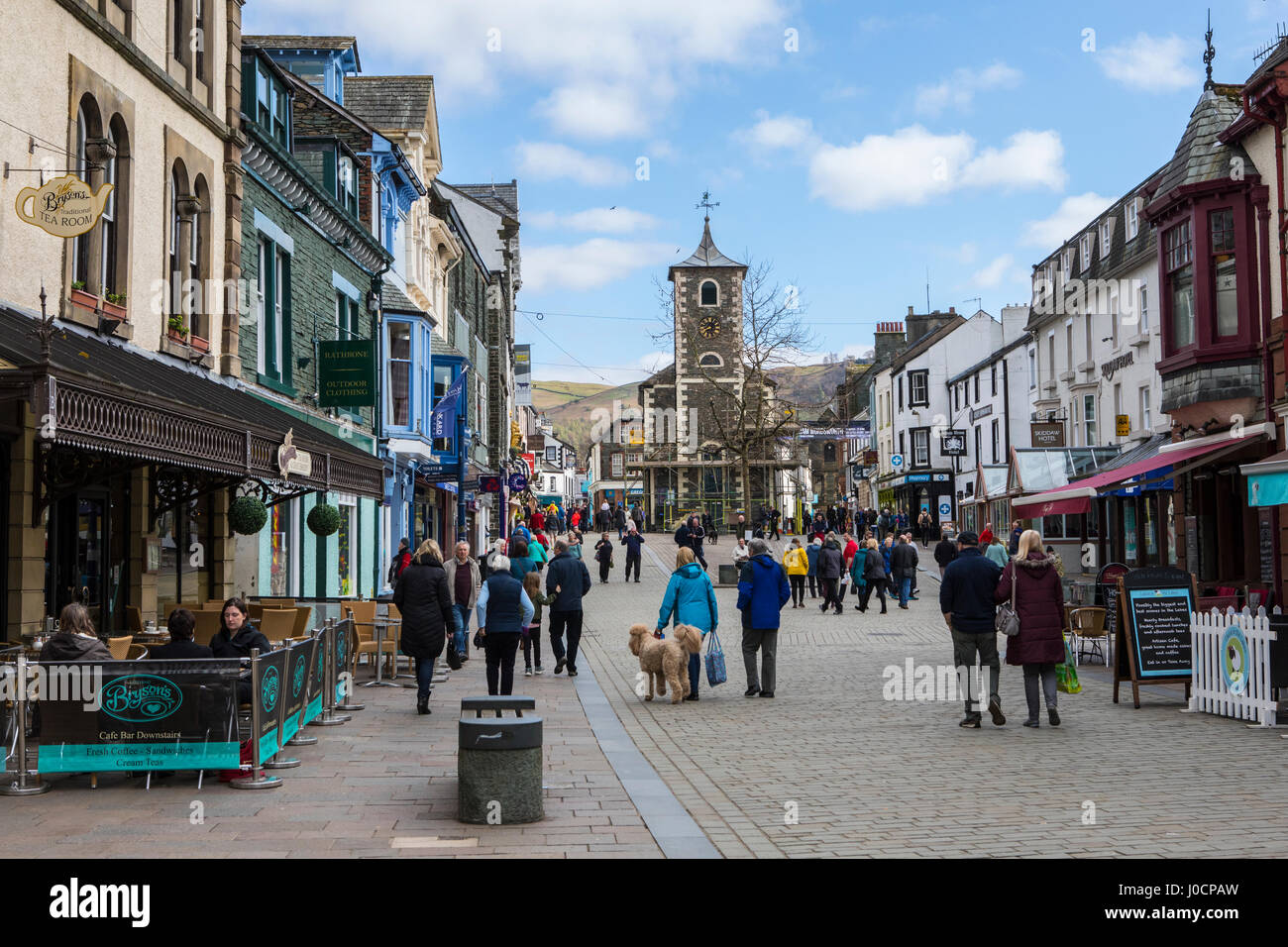 KESWICK, UK - APRIL 7TH 2017: The beautiful town centre in Keswick, located in the Lake District in Cumbria, UK, on 7th April 2017. Stock Photo