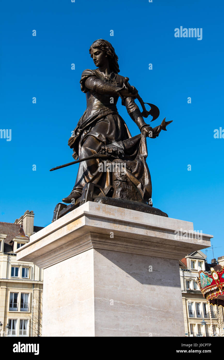 Statue of Joanne Fourquet in Beauvais, France. She was known as Joanne Hachette when she helped to prevent the caspture of the town in 1456. Stock Photo