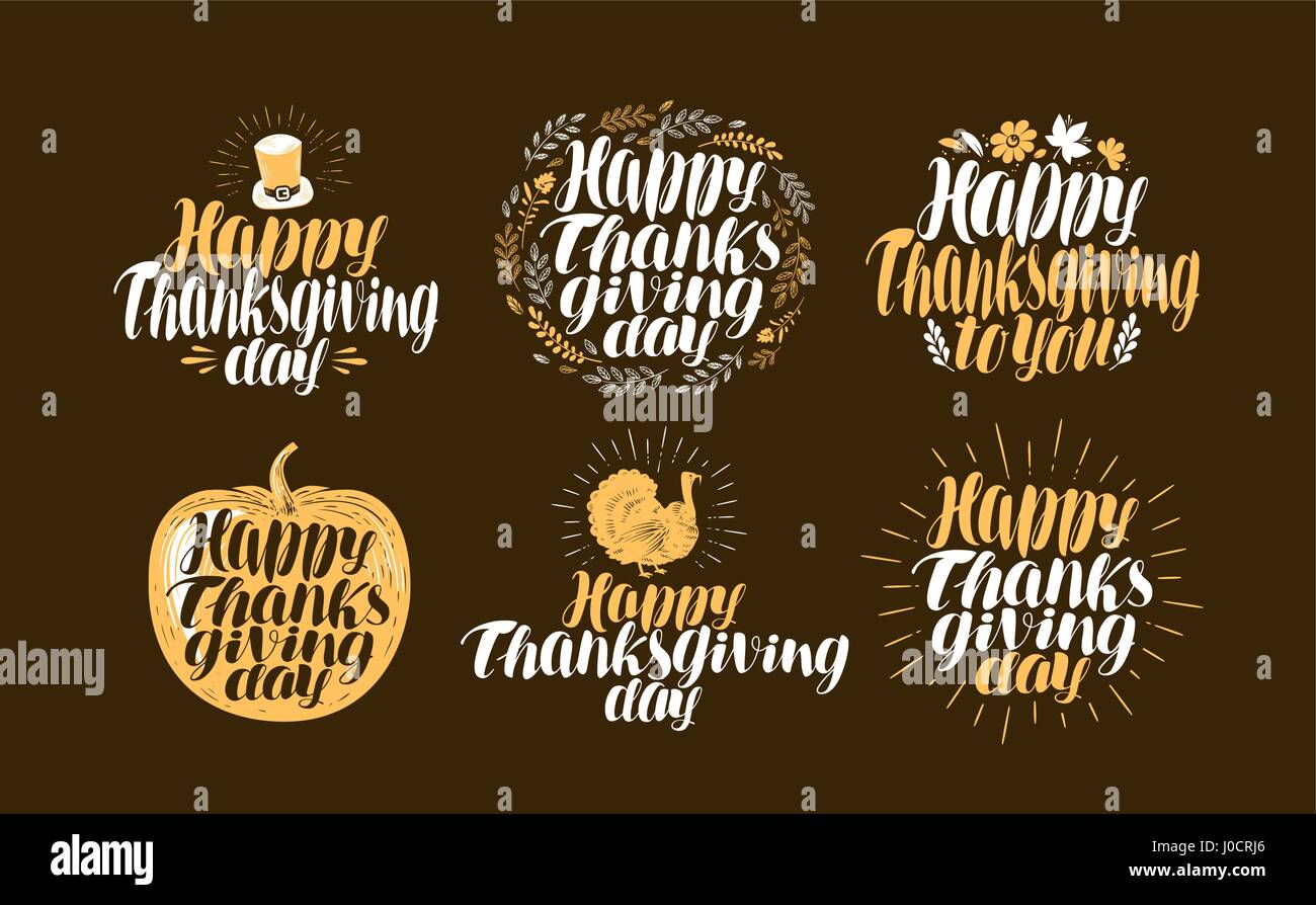 Happy Thanksgiving, label set. Holiday logo, symbol. Beautiful handwritten lettering Stock Vector