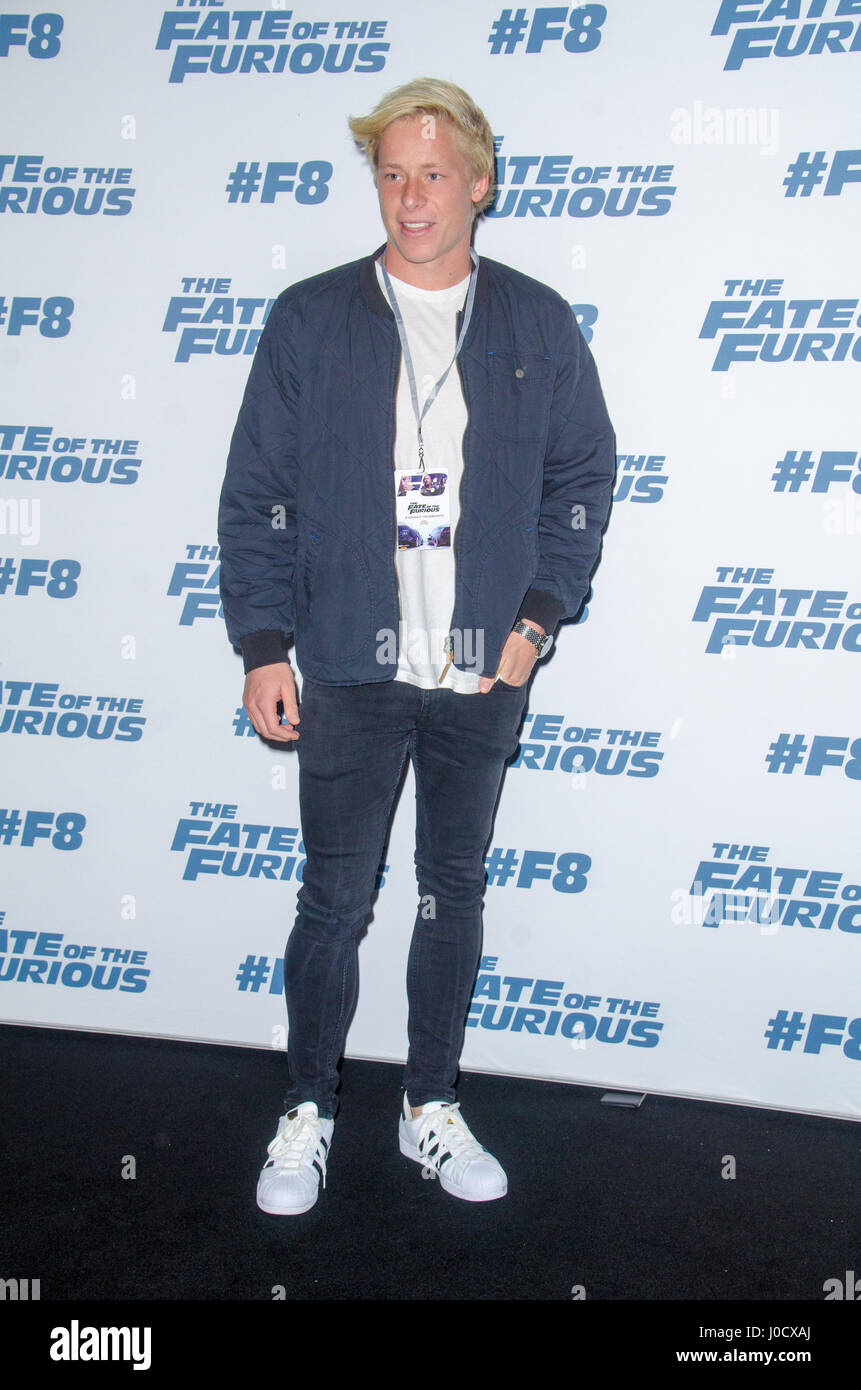 Sydney, Australia. 11th Apr, 2017. VIP's and celebrities attend The Fate of the Furious black carpet movie premiere which took place at the Hoyt's Entertainment Quarter in Sydney, Australia. Pictured is Isaac Heeney. Credit: mjmediabox/Alamy Live News Stock Photo