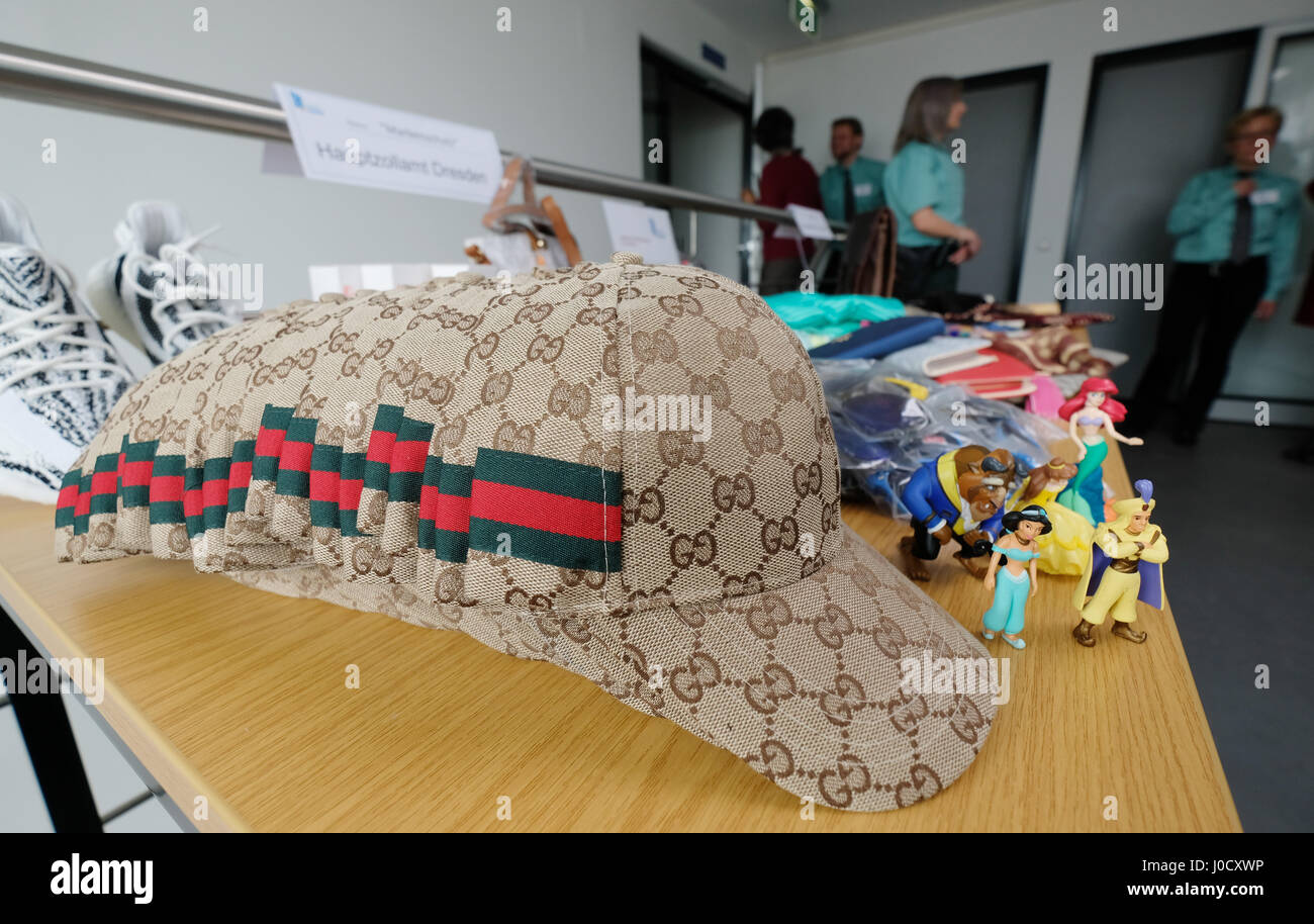 Dresden, Germany. 11th Apr, 2017. Fake Gucci apparel in Schkeuditz near  Dresden, Germany, 11 April 2017. The Dresden Customs Office released its  annual financial report for Dresden and Leipzig. Photo: Sebastian  Willnow/dpa-Zentralbild/dpa/Alamy