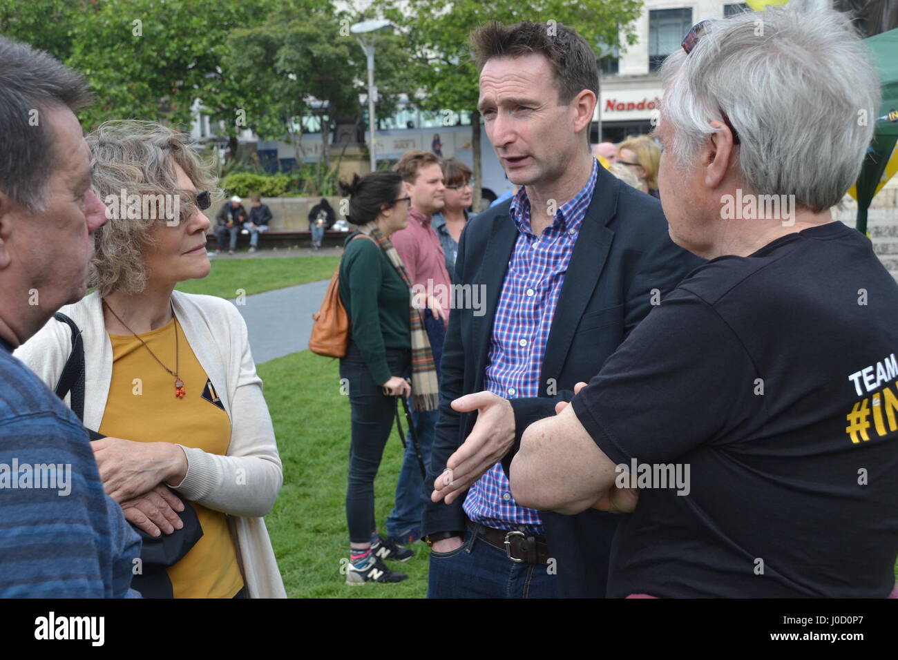 John Leech leads pro-EU rally in Manchester Piccadilly Gardens the day after the Leave result is declared. Stock Photo