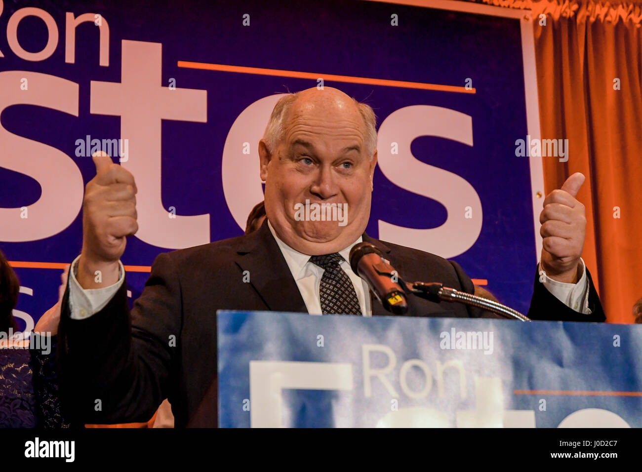 Wichita, U.S. 11th Apr, 2017. Republican Ron Estes the current Kansas State Treasurer wins the special election to fill the 4th congressional seat left vacant by Mike Pompeo appointment as the director of the CIA, Wichita Kansas, April 11, 2017. Credit: mark reinstein/Alamy Live News Stock Photo