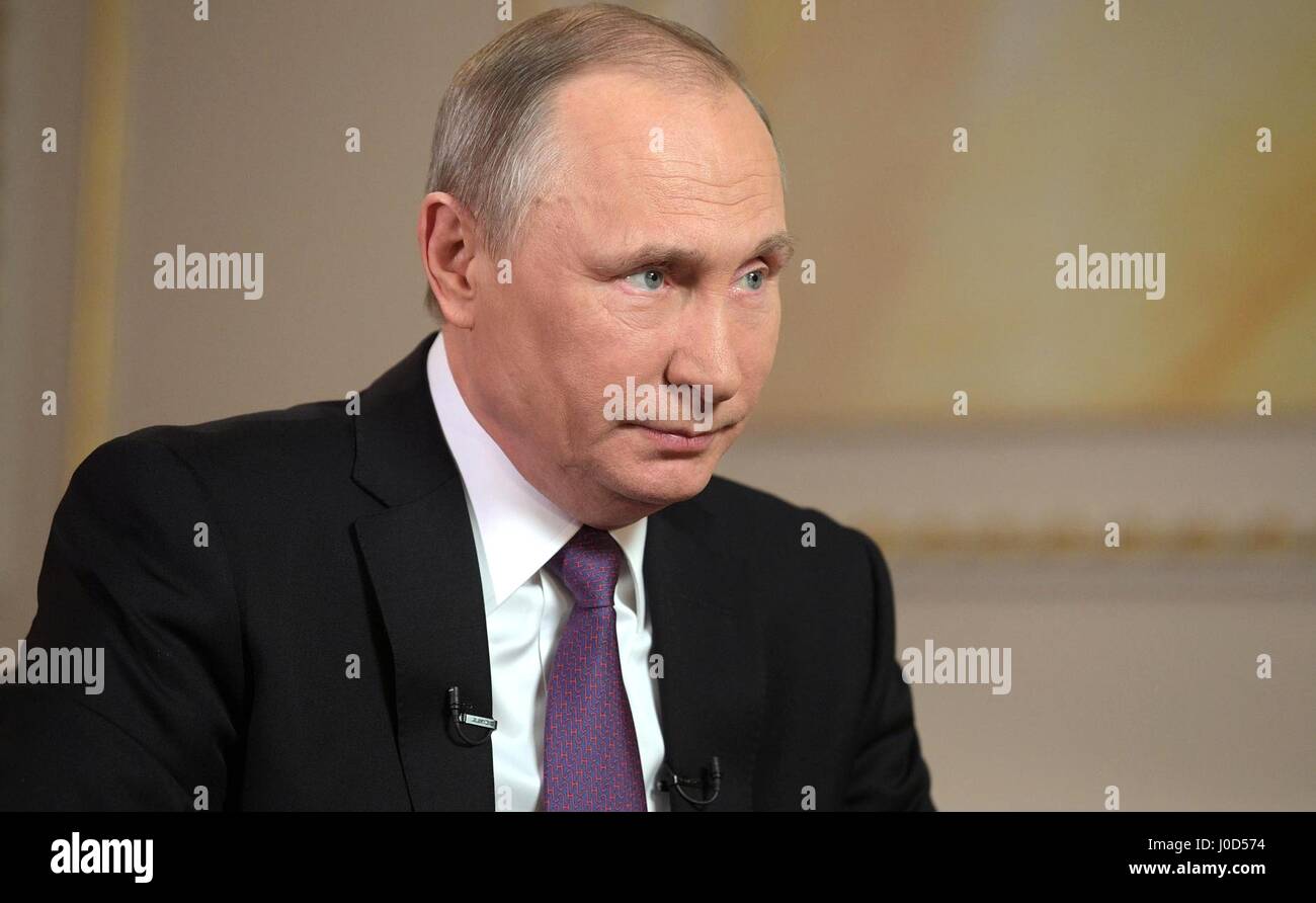 Moscow, Russia. 12th Apr, 2017. Russian President Vladimir Putin during an interview with Mir broadcasting company at the Kremlin April 12, 2017 in Moscow, Russia. Credit: Planetpix/Alamy Live News Stock Photo