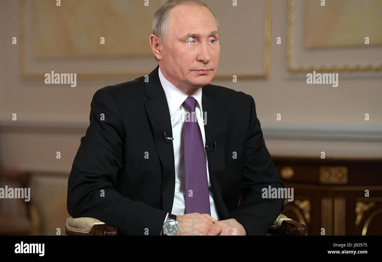 Moscow, Russia. 12th Apr, 2017. Russian President Vladimir Putin during an interview with Mir broadcasting company at the Kremlin April 12, 2017 in Moscow, Russia. Credit: Planetpix/Alamy Live News Stock Photo