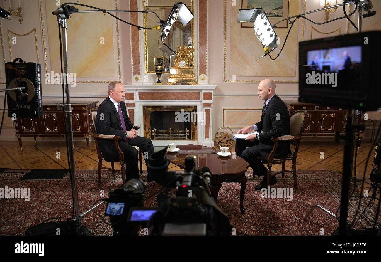Moscow, Russia. 12th Apr, 2017. Russian President Vladimir Putin during an interview with reporter Radik Batyrshin of the Mir broadcasting company at the Kremlin April 12, 2017 in Moscow, Russia. Credit: Planetpix/Alamy Live News Stock Photo