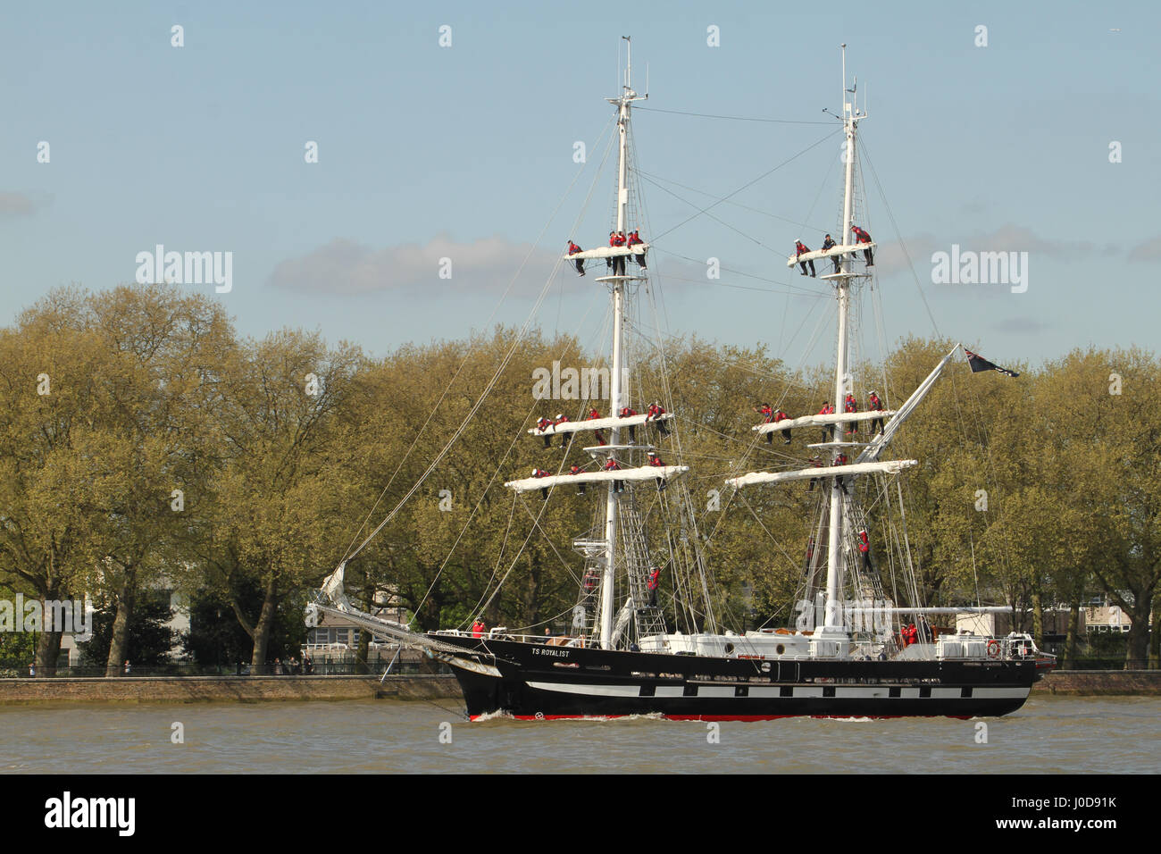 London, UK. 12th Apr, 2017. London, United Kingdom - April 12: The TS Royalist sails at Greenwich ahead of the 2017 Regatta, where around 40 Tall Ships are scheduled to sail the river Thames to Greenwich, marking the 150th anniversary of the Canadian Confederation. Over the Easter weekend, on 13 to 16 April 2017, the ships will be anchored at the Maritime Greenwich UNESCO World Heritage Site in Greenwich town centre, and at the Royal Arsenal Riverside in Woolwich before they sail to Quebec, Canada, via Portugal, Bermuda and Boston. Credit: David Mbiyu/Alamy Live News Stock Photo