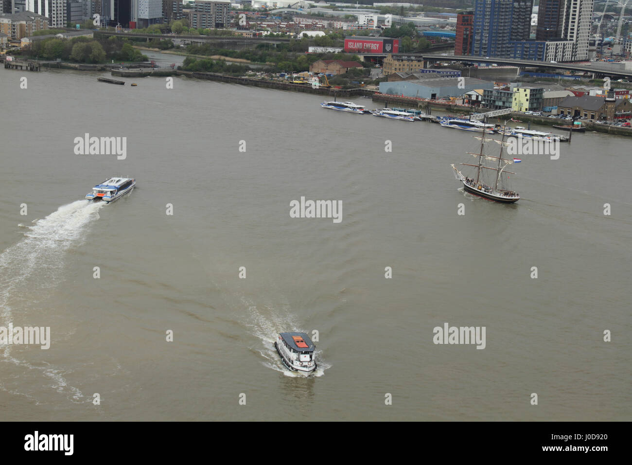 London, United Kingdom - April 12: A vessel sails around the O2 Arena on the river Thames ahead of the Tall Ships regetta 2017, where around 40 Tall Ships are scheduled to sail the river Thames to Greenwich, marking the 150th anniversary of the Canadian Confederation. Over the Easter weekend, on 13 to 16 April 2017, the ships will be anchored at the Maritime Greenwich UNESCO World Heritage Site in Greenwich town centre, and at the Royal Arsenal Riverside in Woolwich before they sail to Quebec, Canada, via Portugal, Bermuda and Boston. © David Mbiyu/Alamy Live News Stock Photo