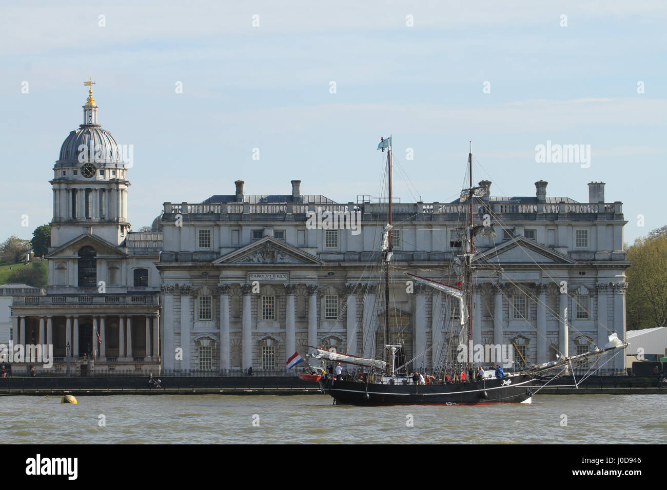 London, UK. 12th Apr, 2017. London, United Kingdom - April 12: The Jantye sails past the Maritime Greenwich UNESCO World Heritage Site ahead of the 2017 Tall Ships Regatta. Around 40 Tall Ships are scheduled to sail the river Thames to Greenwich, marking the 150th anniversary of the Canadian Confederation.The ships are due to sail to Quebec, Canada, via Portugal, Bermuda and Boston. Credit: David Mbiyu/Alamy Live News Stock Photo